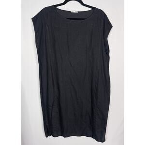 Eileen Fisher Small S Black Organic Linen Short Sleeve Boxy Fit Oversized Dress